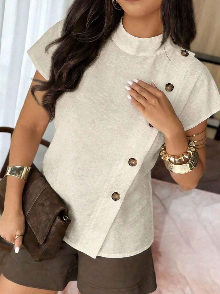 Weeklong Camisa suelta con botones y bordado de ojetes asimétrico, atuendo casual para diario/vacaciones, ropa de oficina - Albaricoque - Ver 1