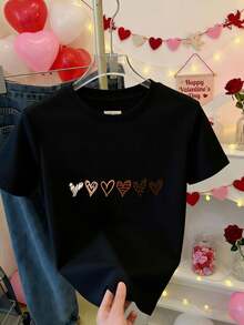 Camiseta de Manga Corta para Mujer en con Estampado de Corazones Multicolor para Ocasiones Casuales y Verano - Negro - Ver 10