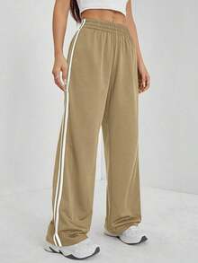 Pantalones casuales con rayas laterales negras, de estilo simple y de moda para uso diario, graduación, maestros y vuelta al colegio para mujeres - Caqui - Ver 4