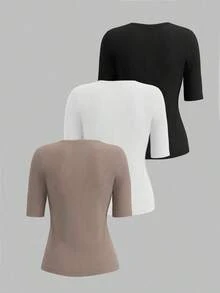 Selamara 3 piezas Camisetas casuales de mujer de unicolor, cuello redondo, manga corta y ajustadas con costillas - Multicolor - Ver 2
