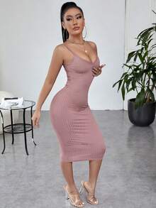 Vestido ajustado unicolor tejido de canalé - Rosa vieja - Ver 5