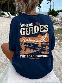 Women's Crew Neck T-Shirt, Comfortable, Colorful With Western Christian Print, Casual Short Sleeve Vacation Blouse, Women's Clothing - Women's Vacation Sets - 藏蓝色 - 查看 5