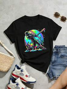 Camiseta de manga corta con cuello redondo suave y casual de verano para mujer, estilo béisbol, universitario, tops para salir, algodón, vintage, estilo callejero europeo y americano, casual deportivo, estilo unisex, estilo casual urbano, tops bonitos, Gen Z, curvas, ropa Y2K, camisetas divertidas, tops para damas, conjuntos de vacaciones para mujer, top lindo, camiseta gráfica, conjuntos de primavera, camisetas holgadas, ropa de calle retro, estilo de los 90, estilo de los 2000, subcultura, top negro, tops blancos, conjunto de fiesta de los 90. Blanco - Negro - Ver 4