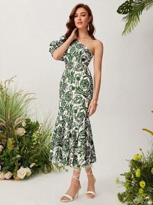 YHHMulvari Vestido con estampado floral de un hombro de manga farol bajo sirenaYHH - Multicolor - Ver 4