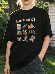 Camiseta de manga corta con cuello redondo suave y casual para mujer, estampado gráfico divertido de bandas retro de los 90. Blanco. - Negro - Ver 1
