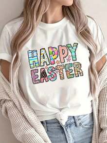 Round Neck T-Shirt With Easter Print And The Easter Story, 100% Cotton, With The Phrase "On The Third Day Of His Resurrection, On Christian Easter, He Rose Again." Casual Short-Sleeved T-Shirt For All Four Seasons, Women's Clothing. - 白色 - 查看 7