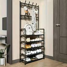 A Five-Tier Freestanding Shoe Rack Offers Ample Storage Space, Making It Ideal For Rental Properties And Indoor Storage. It Can Also Be Used To Hang Coats, Hats, And Clothing. - Black - View 4