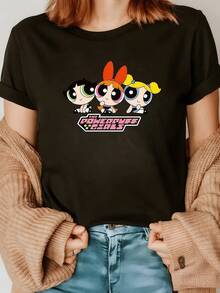 Three Colorful Animated Figures Symbolize Energy, Tenderness, And Feminine Unity With Vibrant Tones And Rounded Shapes That Convey Joy, Strength, And Friendship. This Comfortable, Modern Women's Casual T-Shirt Is Ideal For Everyday Wear. - 黑色 - 查看 8