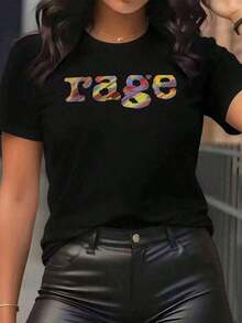 Women's Y2K Retro Style Loose Fit T-Shirt Inspired By The 90s/80s With Y2K Logo Print (Brown & Multicolor) - Casual Short Sleeve Crew Neck Top, Sizes S-XXL, Nostalgic 90s Letter Print, Suitable For 90s Themed Outfits. Ideal For Spring, Summer & Autumn. - 黑色 - 查看 2