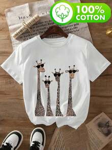 Women's Casual T-Shirt 100% With Graphic Print - Stylish Giraffe With Glasses Design, Soft And Comfortable, Casual Top For Spring/Summer, White Design, Perfect For Casual Outfits, Fun Print T-Shirt, Soft And Fashionable Fabric. - 白色 - 查看 1