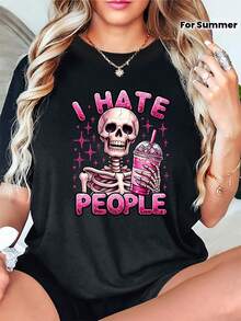 Women's Printed T-Shirt - Casual Short Sleeve Crew Neck T-Shirt In Black With Shiny I HATE PEOPLE Design - Relaxed Fit For All Seasons, Perfect For Everyday Wear And Holiday Outfits (Machine Washable). - 白色 - 查看 1