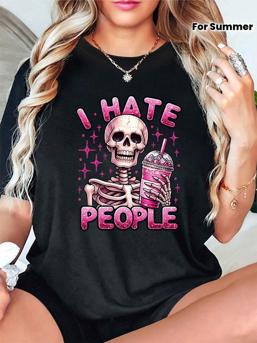 Women's Printed T-Shirt - Casual Short Sleeve Crew Neck T-Shirt In Black With Shiny I HATE PEOPLE Design - Relaxed Fit For All Seasons, Perfect For Everyday Wear And Holiday Outfits (Machine Washable). - 白色 - 查看 1