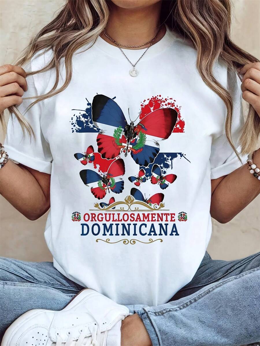 Camiseta Deportiva Casual para Mujer Blanca con Diseño Colorido de Mariposas y Texto - Camiseta Elástica de Cuello Redondo, Lavable aáquina, Ajuste Cómodo, para Todas las Estaciones, Ropa Casual con Estilo. - Blanco - Ver 1