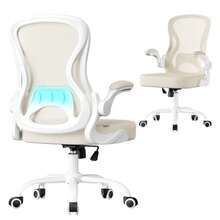 SONGMICS Silla de Escritorio Giratoria, Silla de Malla de Oficina, con Soporte Lumbar, Reposabrazos Abatibles, Beige y Blanco MOBN042LH02 - Beige  Blanco - Ver 1
