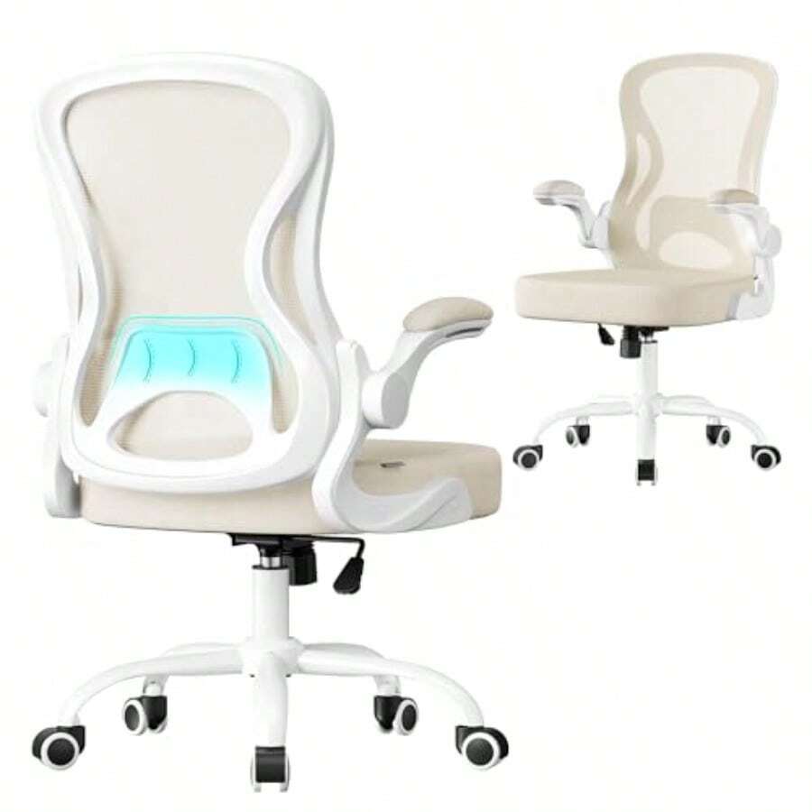 SONGMICS Silla de Escritorio Giratoria, Silla de Malla de Oficina, con Soporte Lumbar, Reposabrazos Abatibles, Beige y Blanco MOBN042LH02 - Beige Blanco - Ver 1
