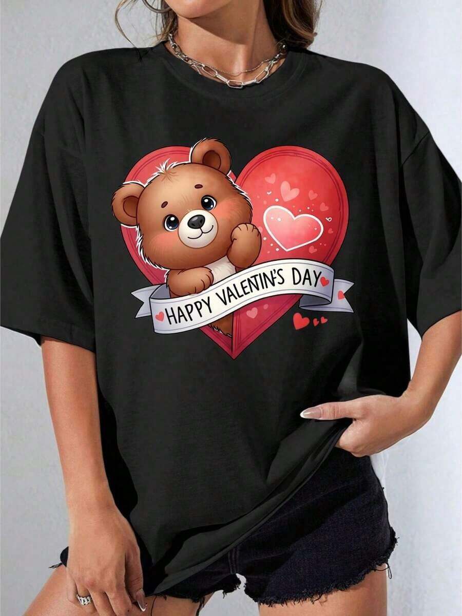 Camiseta Blanca y Negra para Niña con Estampado de Oso y Corazón para Celebrar el Día de San Valentín, Ideal para Fiestas al Aire Libre, Camiseta Casual Estampada - Estilo Vintage Urbano Unisex, Camiseta de Manga Corta de Algodón con Cuello Redondo, blusas para mujer. blusas.blusas casuales para dama.Impresión de osos cariñosos.Camiseta estampada Impresión de osos cariñosos. - Negro - Ver 1