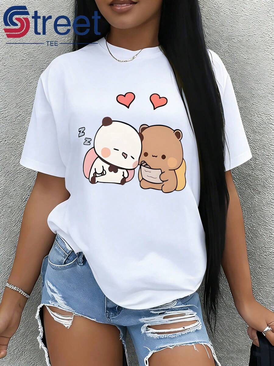 Women's Casual Short-Sleeve T-Shirt, Ideal For Summer Vacations, Featuring Panda And Brown Bear Appliqués And A Heart Design. A New Fashion For Women In 2026. Soft And Cute, With A Relaxed Style And Loose Short Sleeves. Simple, Elegant, Versatile, Fashionable, Comfortable, And A Great Casual Sports Top. Made Of Soft, Machine-Washable Fabric, Perfect For Spring And Summer. Suitable For Outdoor Activities And Everyday Wear. - 白色 - 查看 1