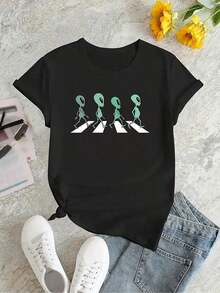 Women's Casual Short Sleeve T-Shirt With Fun Alien Print, Woven Polyester Blend Fabric, Versatile Stretch T-Shirt For All Seasons, Sports Top, Women's Gym T-Shirt 2026, Pilates Shirts 2026, Women's Sportswear, Women's Sports T-Shirt. Suitable For Spring, Summer And Autumn - 黑色 - 查看 2