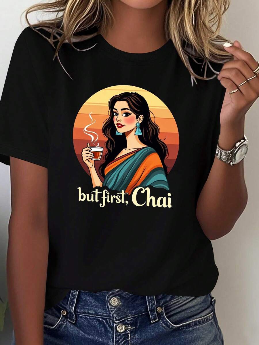 Y2KBut First Chai Camiseta de Algodón Puro para Mujer, Cómoda, con Estampado Gráfico, Ropa de Verano para Calle - Negro - Ver 1