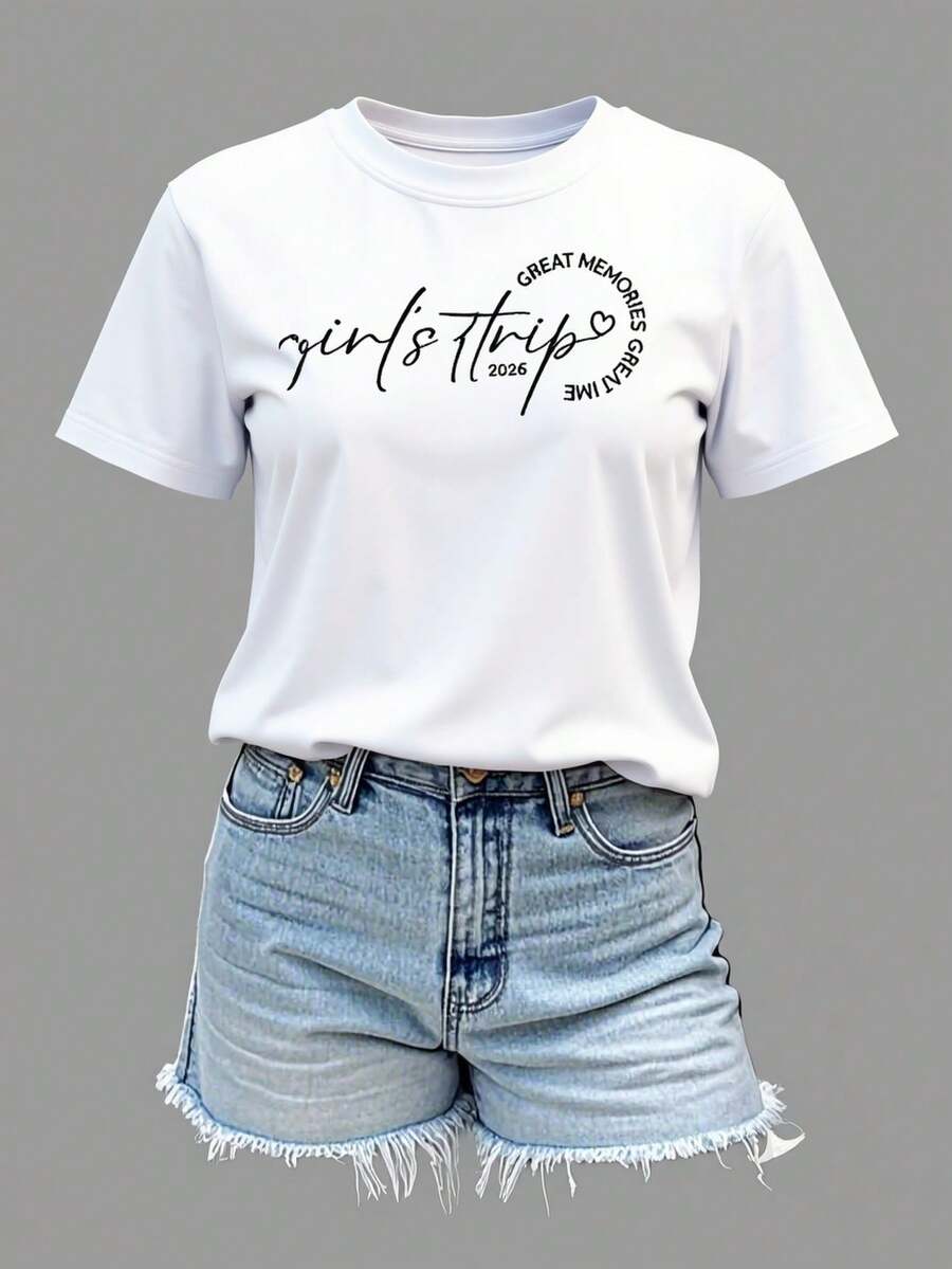 Camiseta de moda Y2K "viaje de chicas" de estilo cálido y relajante para mujer | Camiseta de moda con estampado temático de viaje de amigas, diseño de eslogan escrito a mano, perfecta para crear un ambiente conmemorativo de viaje, conjuntos a juego para amigas, ropa de calle de verano con estampado gráfico. - Blanco - Ver 1