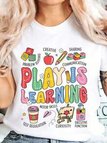 1 Piece Retro Groovy Play Is Learning T-Shirt For Kindergarten And Nursery Teachers, Breathable And Comfortable Fit, Short Sleeve, Round Neck, For All Seasons, 180g 100% Cotton. - 白色 - 查看 8