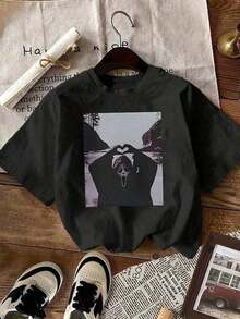 Camiseta de manga corta retro de los 90 con diseño de cara de fantasma y corazón de Halloween, camiseta de película de terror, camiseta divertida con cara de fantasma, camiseta sencilla de manga corta con cuello redondo de color sólido en tallas grandes, ropa casual para uso diario, camiseta de Halloween, ropa de mujer. - Negro - Ver 5