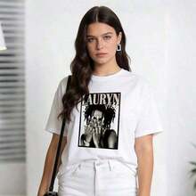 Women's Summer Clothes, Soft Cotton Casual Round Neck T-Shirt, Legendary Singer Lauryn Hill, Black And White Portrait Print. - 白色 - 查看 4