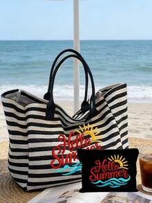大容量黑白條紋沙灘托特包，可折疊帆布肩背包，附「Hello Summer」仿刺繡字母印花，防水防沙旅行包，適合夏季必需品，完美適用於沙灘旅行、游泳、購物和日常使用，適合女性、旅行者和沙灘愛好者，完美適用於春假、度假和禮物，可用作沙灘包、購物袋和旅行伴侶，返校禮物、父親節、返校禮物 - 彩色 - 查看 4