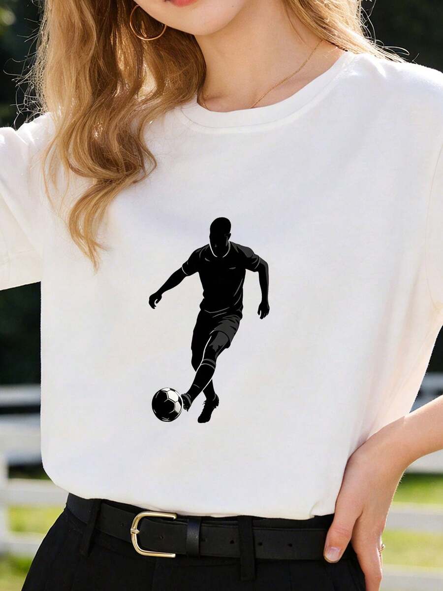 Camiseta 100% algodón con estampado de silueta de jugador de fútbol, transpirable y cómoda, edición de primavera, peso de 100 gramos. Camiseta de mujer de color sólido simple, corte holgado y ajustado, manga corta informal. - Blanco - Ver 1