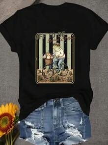 Una camiseta de mujer de manga corta, holgada, moderna, retro y elegante, adecuada para actividades al aire libre en primavera y verano, con un diseño de rana, gato y bicicleta, estilo casual de uso diario, cuello redondo, cómoda y suave.blusas para mujer,blusas casuales para dama,tops,, mujer premium,y2k,playeras de mujer curvy,ofertas y liquidaciones ropa mujer,playeras deportivas para mujer,,playeras de hombre, mujer,blusas>elegante 0GY8 - Negro - Ver 8