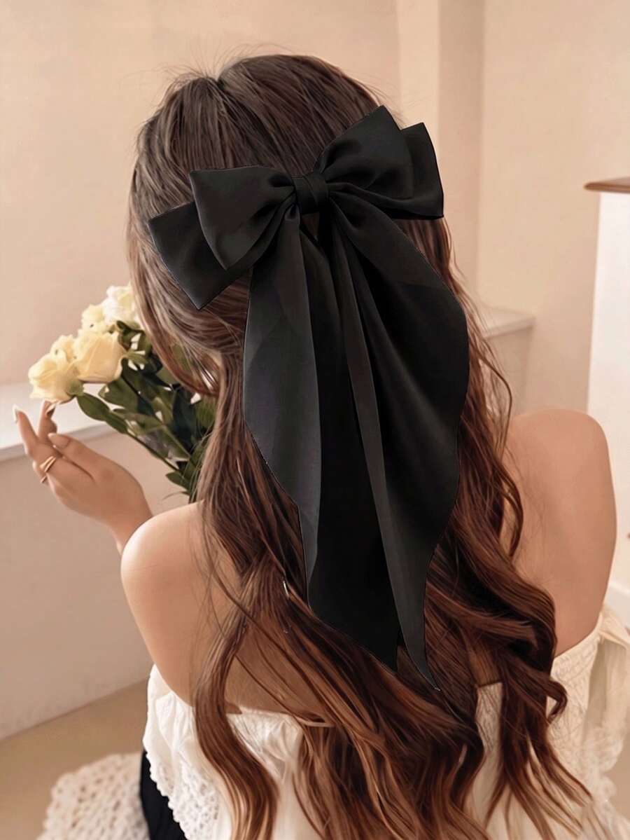 1件大號黑色緞面蝴蝶結髮夾女用，優雅大號法式髮夾附長尾，Coquette風格芭蕾風絲綢緞帶髮飾，大蝴蝶結頭飾適合日常夏季佩戴，髮爪髮夾