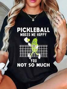 Women's Summer Casual T-Shirt, Korean Style Pickleball Fun T-Shirt - Printed With The Pickleball Slogan And Pickleball Character Designs, Casual Short-Sleeved Top, Suitable For K-Pop Fans And Pickleball Enthusiasts - Humorous Korean Style Fan Clothing And Fun Pickleball - 黑色 - 查看 10