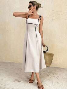 Frenchy Vestido midi con tiras anudadas y ribete de color contrastante para mujer - Albaricoque - Ver 3