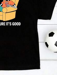 Boys' Short-Sleeved T-Shirt With A Soft Graphic Print, 100% Cotton, Featuring A Relaxed Skeleton Eating Fast Food. Casual Summer Wear For Toddlers, Fun Skeleton Print T-Shirt For Kids, Comfortable Everyday Shirt With A Humorous Print, Perfect For Playing And Going Out. - 黑色 - 查看 3
