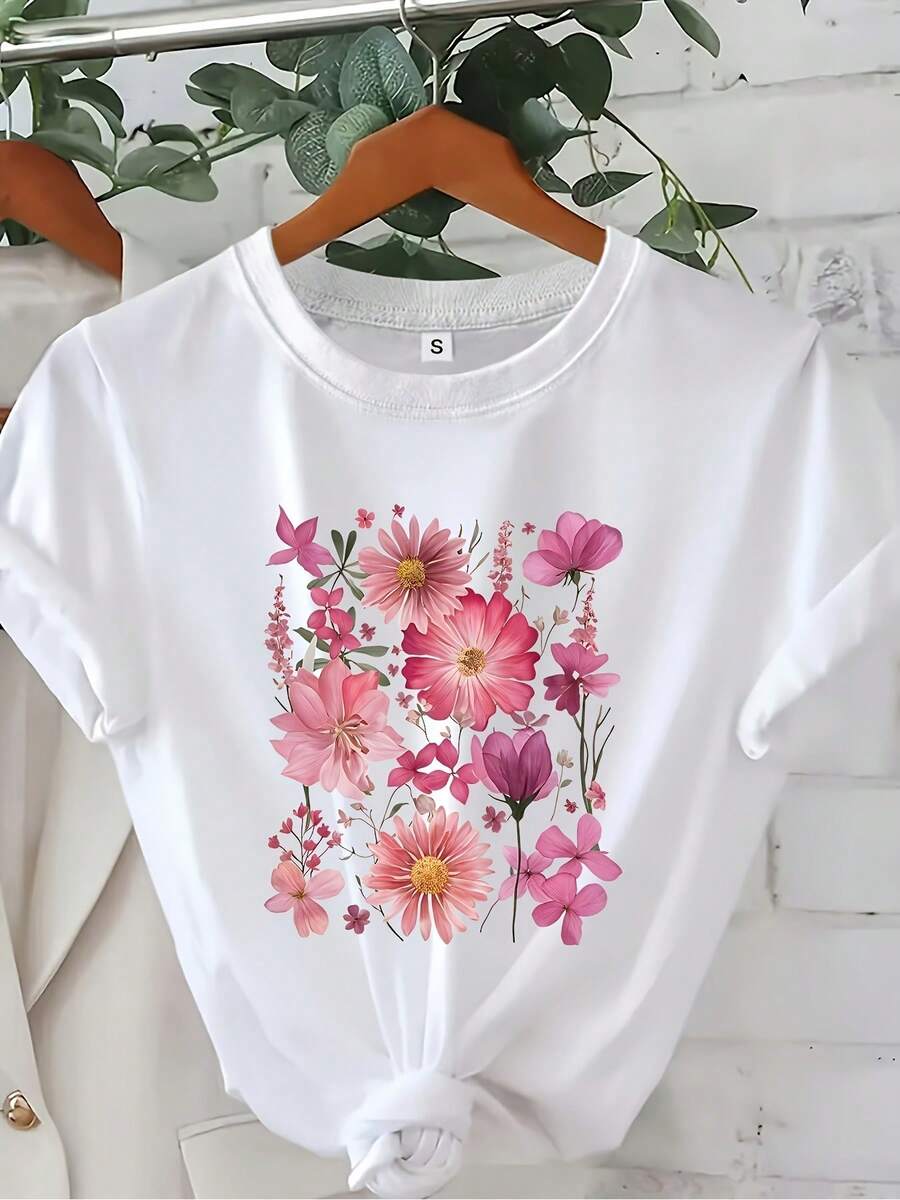 1 Piece Of Women's Floral Print T-Shirt - Soft, Stretchy, Loose Fit For Everyday Wear | White And Pink Shirt, Machine Washable, Suitable For Office, Lunch, Travel - Casual All-Season Shirt, Women's T-Shirt, Office Wear, Short-Sleeved T-Shirt With Round Neck And Pretty Print - Spring/Summer 180g 100% Cotton - 白色 - 查看 1
