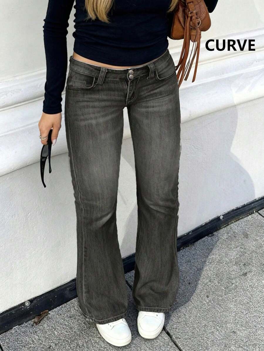 Women's Plus Size Flare Leg Jeans Long Denim With Pockets Button Zipper And High Stretch - Dark Grey - View 1