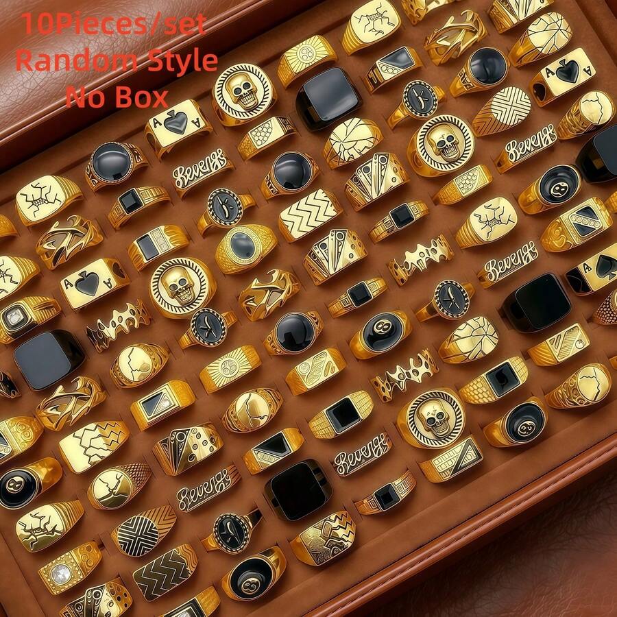 10pcs Vintage Punk Gothic Oil Drop Square Rings Unisex Retro Jewelry Accessories Party Gifts Multiple Styles - 10 Random Geometric Rings In Gold - View 1