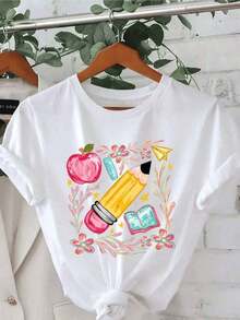Women's Blouses NewSummerCasualIllustration Symbolizing Creativity And Knowledge With A Golden Pencil, Open Apple, Blue Book, Colorful Flowers, And Small Stars. Women's T-Shirt, 100% Soft-Touch Cotton, Ideal For Everyday Wear - Vintage Street Style Unisex Loose Cotton Short Sleeve Crew Neck T-Shirteurmuse - 白色的 - 查看 6