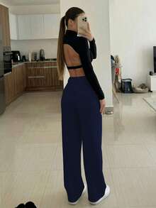 Quiet Luxury Navy Blue High-Waist Pleated Wide Leg Pants For Women, Woven Non-Stretch Draping Anti-Wrinkle All-Season Commute Long Pants - Blue - View 7