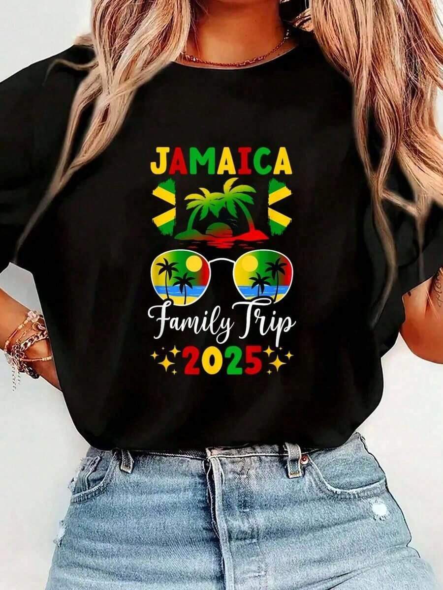 Jamaica Family Trip 2025 Print T-Shirt, Casual Round Neck Short Sleeve T-Shirt, Comfortable For Spring And Summer, Women's Clothing - 黑色 - 查看 1