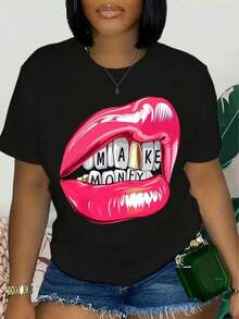 Lip Print T-Shirt, Short Sleeve, Round Neck, Casual Top, Summer And Spring, Women's Clothing, Women's T-Shirts - 黑色 - 查看 1