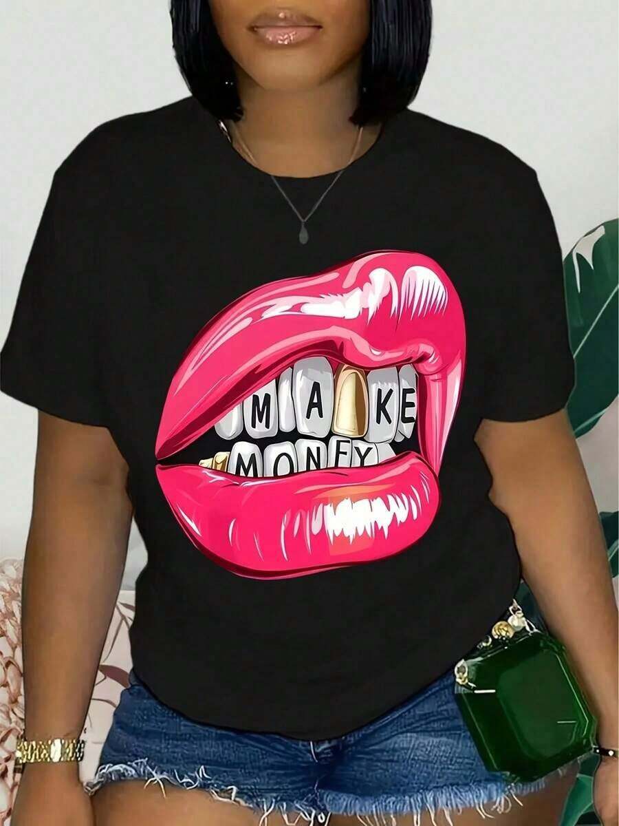 Lip Print T-Shirt, Short Sleeve, Round Neck, Casual Top, Summer And Spring, Women's Clothing, Women's T-Shirts - 黑色 - 查看 1