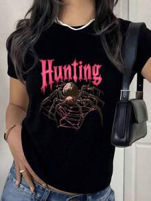 Under The Radar Women's Digital Spider And Web Print Crew Neck T-Shirt, Hunting Bouquet Theme, 1 Unit, 100% Cotton, Urban Style, Casual Design - Vintage Street Style Unisex Loose Cotton Short Sleeve Crew Neck T-Shirt - 黑色 - 查看 7