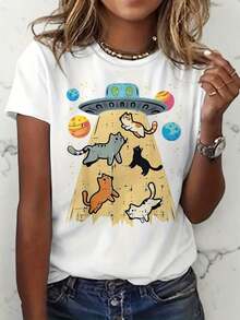 Casual T-Shirt For Mother's Day, Women's Printed T-Shirt With Funny UFO Alien Cat Graphics, Short Sleeve Casual T-Shirt For Women Space Cat Lovers, 100% Cotton, Durable - 白色 - 查看 1