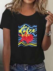 Premium Quality Women's Short-Sleeved Cotton T-Shirt With A Printed Design, Casual And Fitted. The Shirt Features A Beautiful Hawaiian-Style Floral And Starfish Design, Is Soft And Comfortable, And Is A Versatile Garment Suitable For Everyday Wear. . - 黑色 - 查看 1