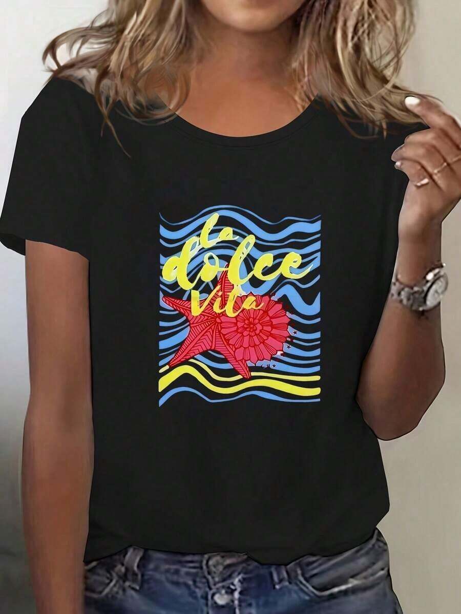 Premium Quality Women's Short-Sleeved Cotton T-Shirt With A Printed Design, Casual And Fitted. The Shirt Features A Beautiful Hawaiian-Style Floral And Starfish Design, Is Soft And Comfortable, And Is A Versatile Garment Suitable For Everyday Wear. . - 黑色 - 查看 1