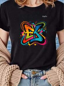 Limited Time Offer, Limited Quantity Available, Flash , Women's Shirts, Women's T-Shirts. Women's Oversized Black T-Shirt, Short Sleeve, Round Neck, Colorful Graffiti Letter Print, Casual Street Style For Everyday Wear - 黑色 - 查看 11