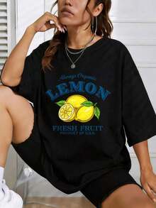 Women's Short-Sleeved Cotton T-Shirt With Lemon Print, Casual Summer Style, Round Neck, Printed, Everyday Wear, A Great Gift For Friends And Family, 100% Cotton, Youthful And Modern Design, Casual Blouses For Women. - 黑色 - 查看 1