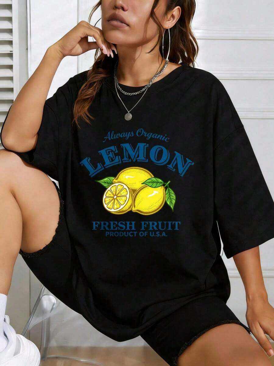 Women's Short-Sleeved Cotton T-Shirt With Lemon Print, Casual Summer Style, Round Neck, Printed, Everyday Wear, A Great Gift For Friends And Family, 100% Cotton, Youthful And Modern Design, Casual Blouses For Women. - 黑色 - 查看 1