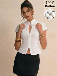 Women's Minimalist And Casual Short-Sleeved Plaid Shirt - White - View 7